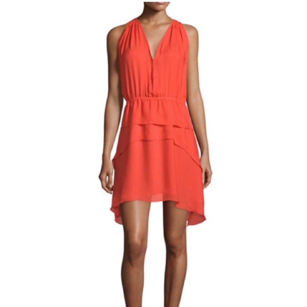 10 Crosby Derek Lam 100% Silk Sleeveless Tiered Mini Dress Hi Lo V Neck Orange 6